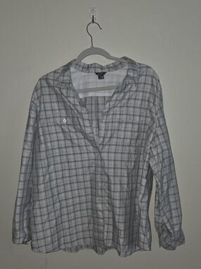Eddie Bauer Gray and White Plaid Button-Down Shirt